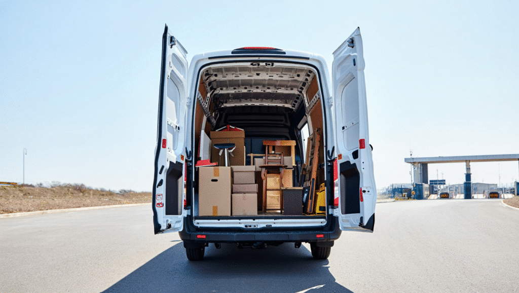 A white long-wheel-base Ford Transit van parked on a Kent roadside with its rear doors open, showing a neatly loaded cargo area approaching maximum safe capacity, photographed in bright natural daylight.
