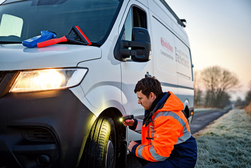 Man in high-visibility jacket inspecting tire of white van with tools, emphasizing winter vehicle safety checks for hire vehicles.