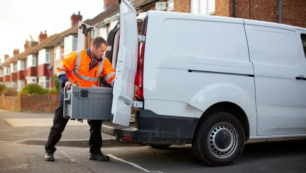 Tradesman loading tools into a hired van in Rainham, Kent, showing flexible van hire for local trade work.