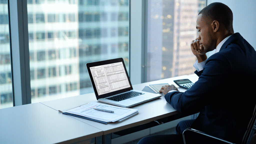 Businessman analyzing vehicle hire costs and tax deductions on laptop, with financial documents and calculator on desk, city skyline in background.