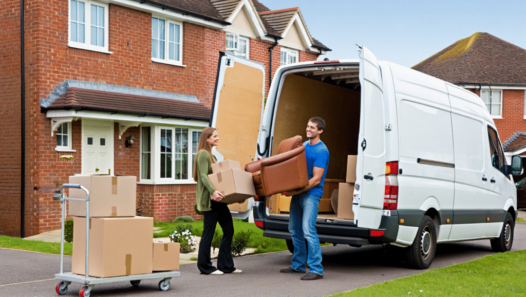 Couple loading furniture and boxes into a white removal van outside a house, illustrating the process of moving house in Kent.