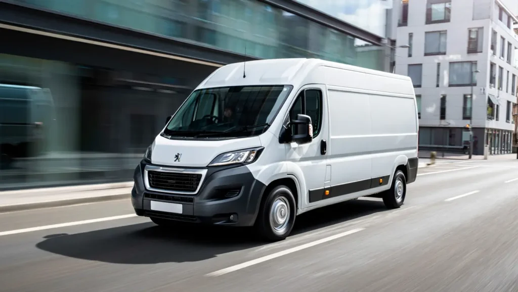 Euro 6 compliant white van driving through a clean city street in Kent — representing ULEZ compliant van hire from Hire2You.