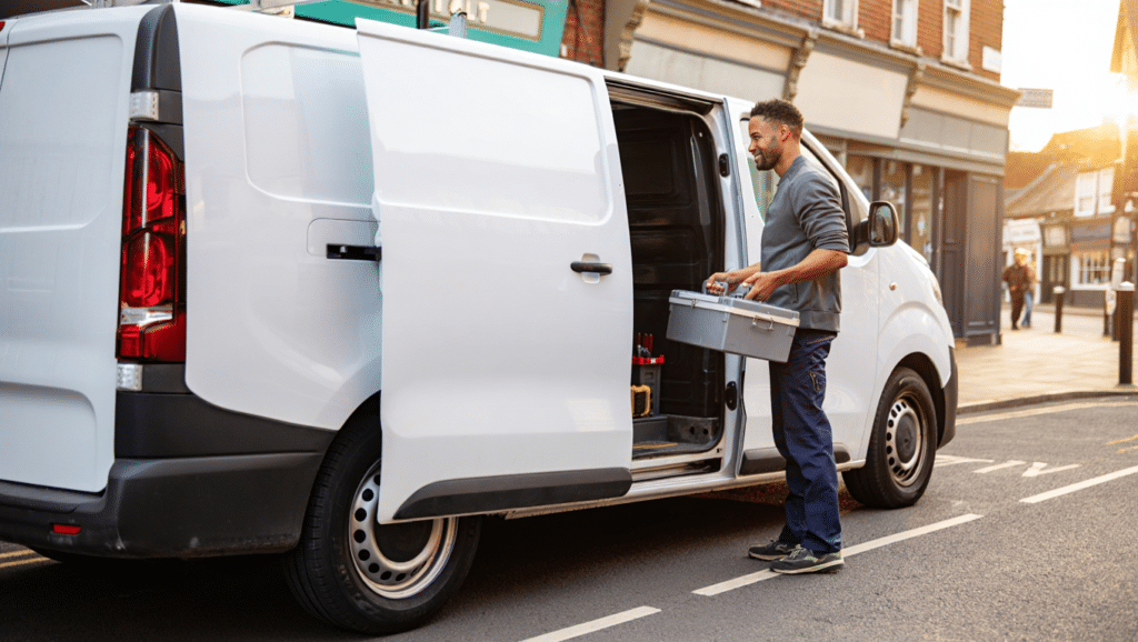 Small business owner loading tools into a hired van in Chatham, representing flexible van hire for local businesses