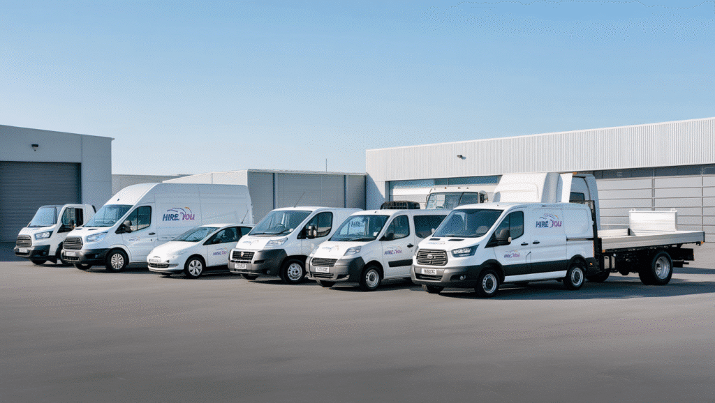 Fleet of Hire2You rental vehicles including vans and cars parked outside a facility in Kent, showcasing options for local car and van hire services.