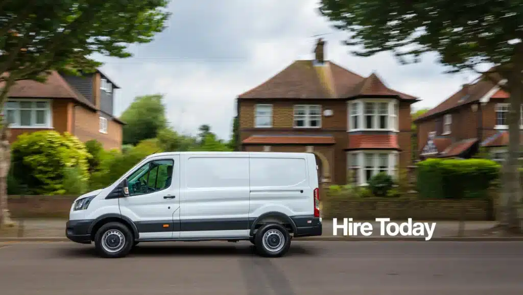 Modern white rental van parked on a Sevenoaks residential street, representing fast and reliable same-day van hire.