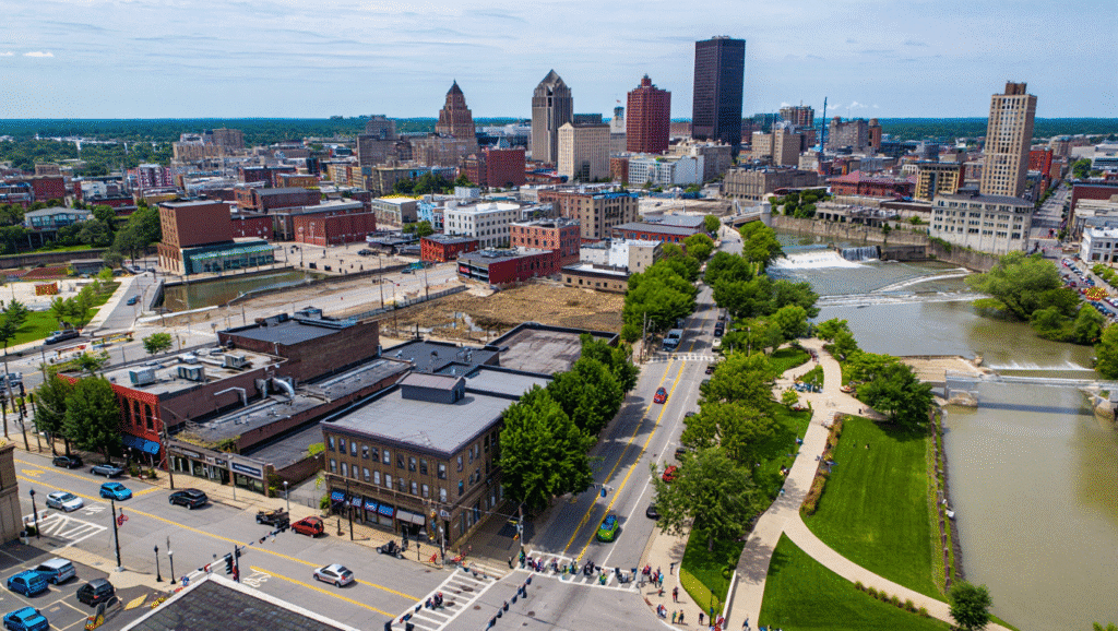 Rochester cityscape with landmarks, capturing adventure and eco-friendly exploration vibes.