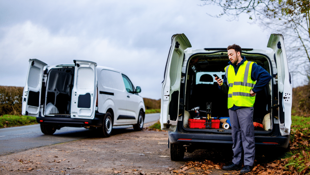 A tradesman beside a broken-down van looking frustrated, with a modern hire van ready nearby, symbolising backup van hire saving downtime costs.