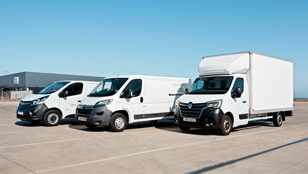 Fleet of hire vans on an industrial estate