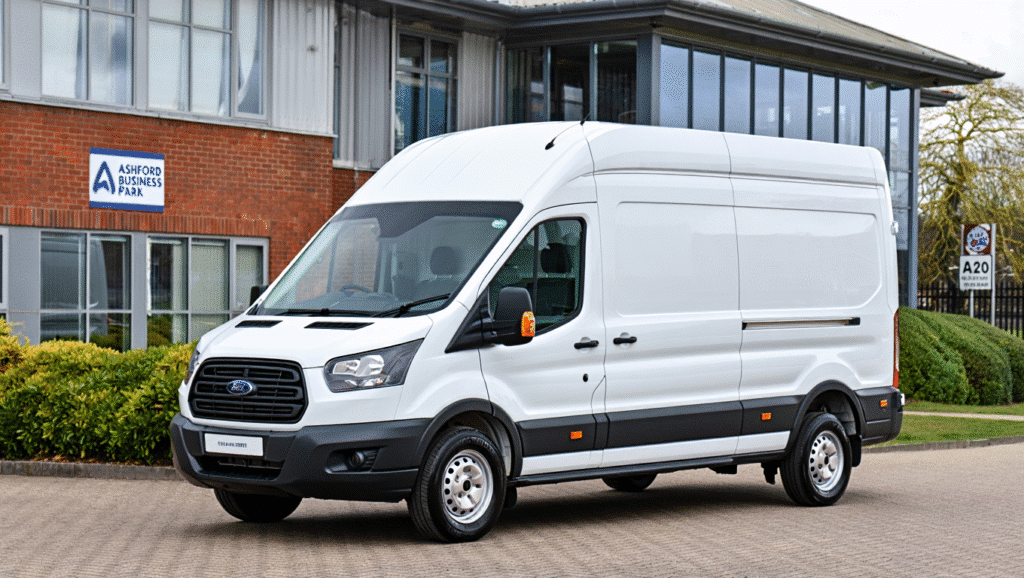 White Ford Transit van parked outside Ashford Business Park, representing flexible long-term vehicle rental options for businesses.