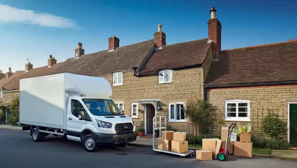 A white Luton van with its tail lift down outside a home in Faversham, with moving boxes ready to load on a clear day.