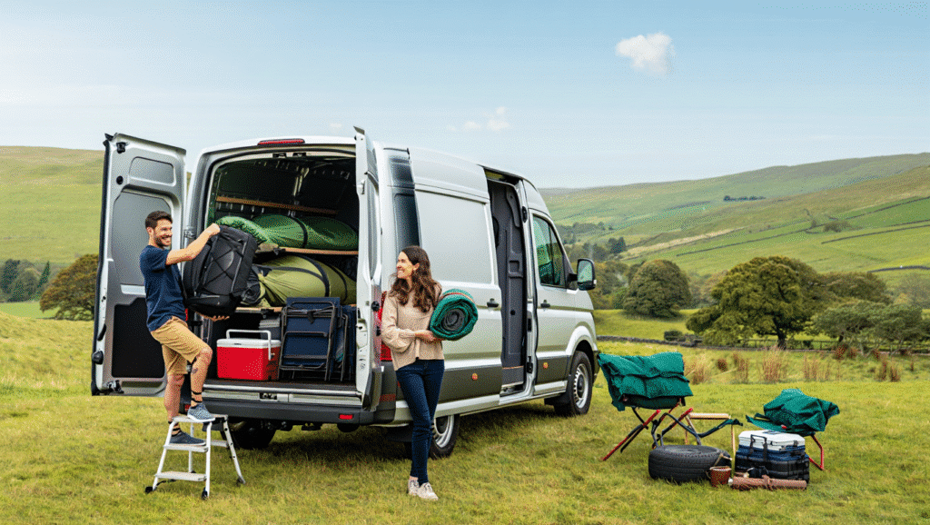 Couple preparing for a camping trip, loading a van with gear, surrounded by scenic countryside, showcasing outdoor adventure and van hire experience.