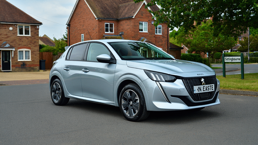 Silver hatchback car parked on residential street in Sittingbourne, showcasing modern design and suitability for local car hire options.