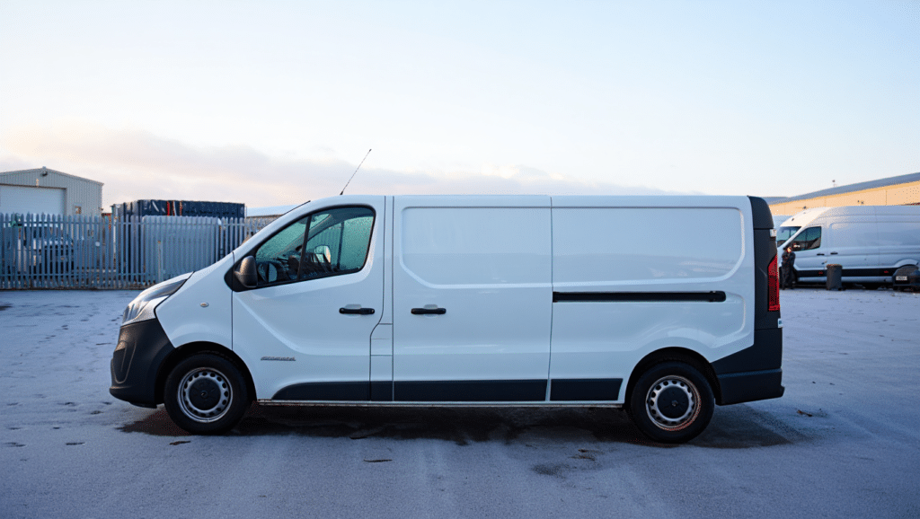 White hire van parked in Kent during winter.