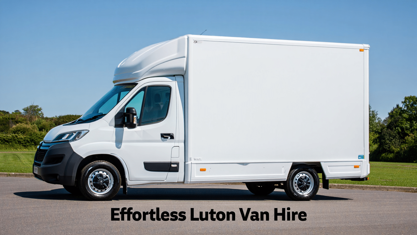 Luton van for hire parked on a road, showcasing the vehicle's spacious design and branding for effortless rental services.