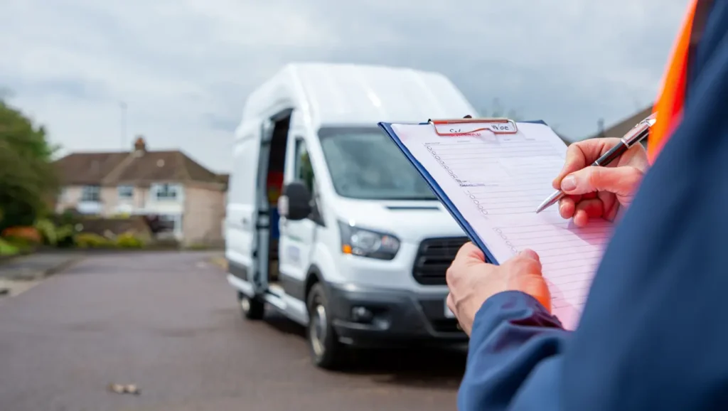 Photorealistic image of a white hire van parked on a UK residential street with a checklist being reviewed before vehicle hire.