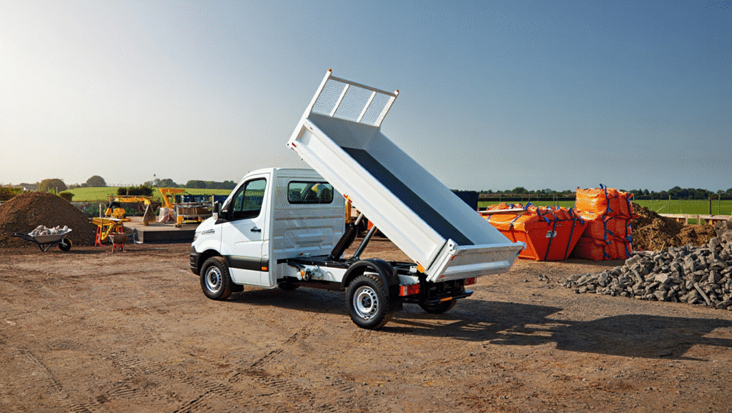 A tipper van with its bed raised, unloading rubble at a Northfleet job site — perfect for waste removal and heavy-duty commercial use.