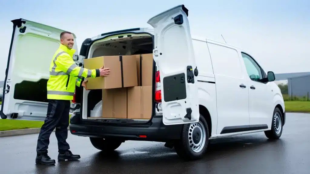 Person safely loading a white Luton van in rainy UK conditions, wearing hi-vis jacket and safety boots on a wet driveway.