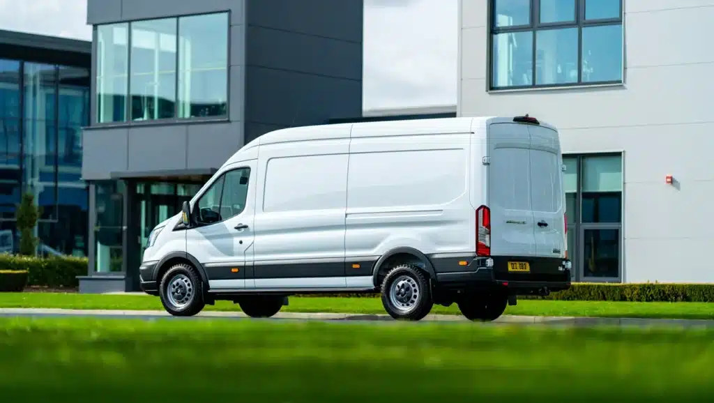 A clean white 2024 long wheel base van parked on a modern business estate in Kent, facing slightly toward the camera, representing how local trades and start-ups can run their business from a hired van.