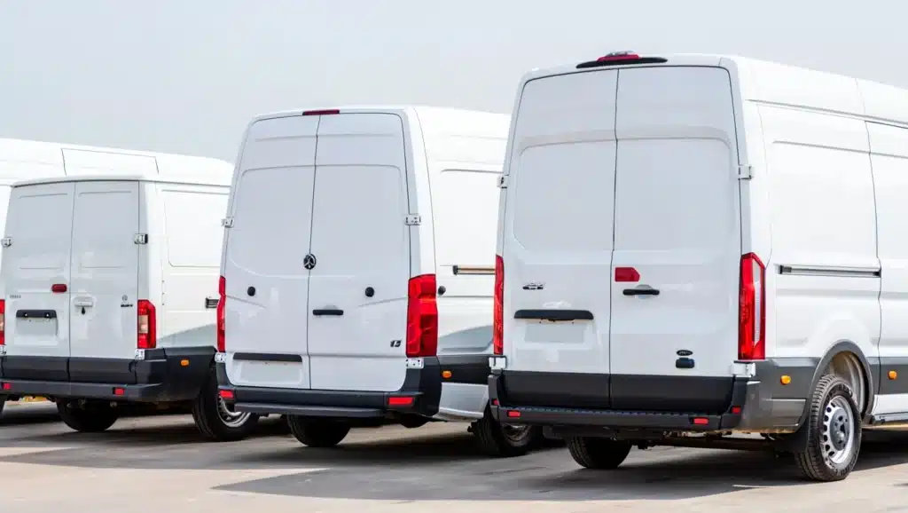 A row of modern white rental vans, including SWB, LWB and a Luton van, parked outdoors in bright natural daylight.