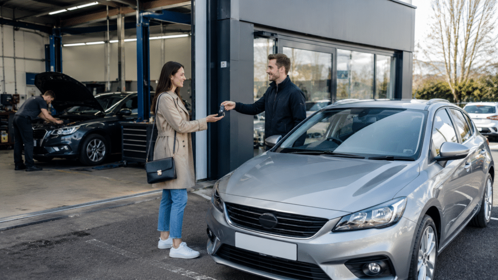Customer collecting a temporary hire car while their own vehicle is being repaired at a local garage.