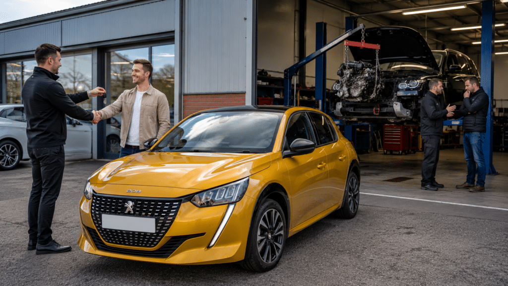 Create an ultra-photorealistic 16:9 commercial automotive photograph that looks like it was taken with a professional DSLR camera using a 35mm lens. The entire scene must have consistent natural daylight with realistic shadows, reflections and colour temperature across every subject. No artificial compositing, no surreal lighting and no CGI appearance. The setting is outside a modern UK vehicle hire branch with a professional vehicle workshop attached. The workshop doors are fully open so both the forecourt and workshop are naturally lit by the same daylight. In the foreground, positioned slightly left of centre, is a pristine 2024 Peugeot 208 GT in Agueda Yellow (gold/copper metallic) with UK registration plates. The car is spotless and presented exactly as a rental vehicle would be. A smiling customer is shaking hands with a friendly Hire2You team member while being handed the keys. The customer looks genuinely relieved and happy to have transport again. In the background, approximately 10&ndash;15 metres behind the Peugeot and visible through the open workshop doors, is a black Land Rover Discovery Sport on a two-post vehicle lift. The bonnet is fully open and an engine crane is lifting the engine out of the vehicle. The engine should be partially suspended, with mechanics carefully working around it using realistic tools and workshop equipment. Standing beside the Land Rover is its owner, looking disappointed and concerned while talking to one of the mechanics. Their body language should suggest they're discussing a costly repair, but the expression should remain natural and understated&mdash;not exaggerated. The composition should clearly tell the story: The Peugeot 208 is the hero of the image and occupies roughly 60&ndash;70% of the visual attention. The Land Rover repair scene provides supporting context without distracting from the main subject. The viewer immediately understands that one customer has solved their transport problem by hiring a vehicle while another waits for major repairs. The environment should include: Clean, modern UK garage Blue two-post vehicle lifts Tool chests Diagnostic equipment Concrete workshop floor Realistic engine crane Soft reflections on the Peugeot's paintwork Accurate automotive proportions Premium commercial automotive photography quality Lighting Requirements: Single consistent natural daylight source Soft shadows falling in the same direction Matching white balance throughout the image Realistic reflections on glass and bodywork No dramatic HDR, no over-saturation, no artificial glow Camera Style: Professional automotive photography Full-frame DSLR look 35mm lens f/4 aperture Sharp focus on the Peugeot with a subtle depth of field keeping the workshop slightly softer but still clearly visible Ultra-high resolution Photorealistic enough to be mistaken for a real dealership marketing photograph Negative Prompt: No logos, no company branding, no text, no watermarks, no distorted vehicles, no duplicated people, no warped wheels, no incorrect panel gaps, no unrealistic reflections, no inconsistent lighting, no cartoon appearance, no CGI look, no oversharpening, no exaggerated facial expressions, no fantasy elements.