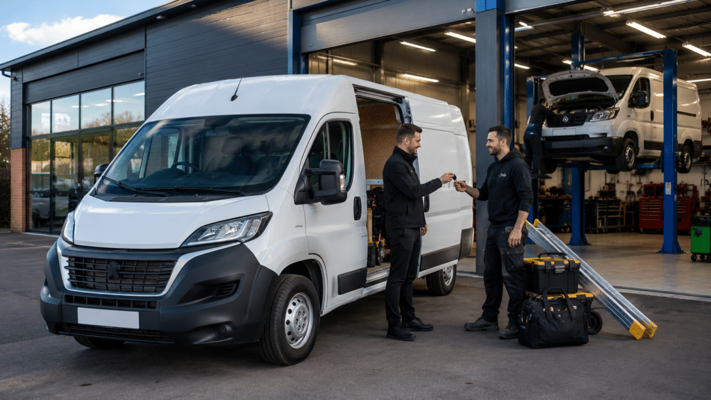 Tradesperson loading tools into a hire van outside a professional vehicle rental depot while their own work van is being serviced.