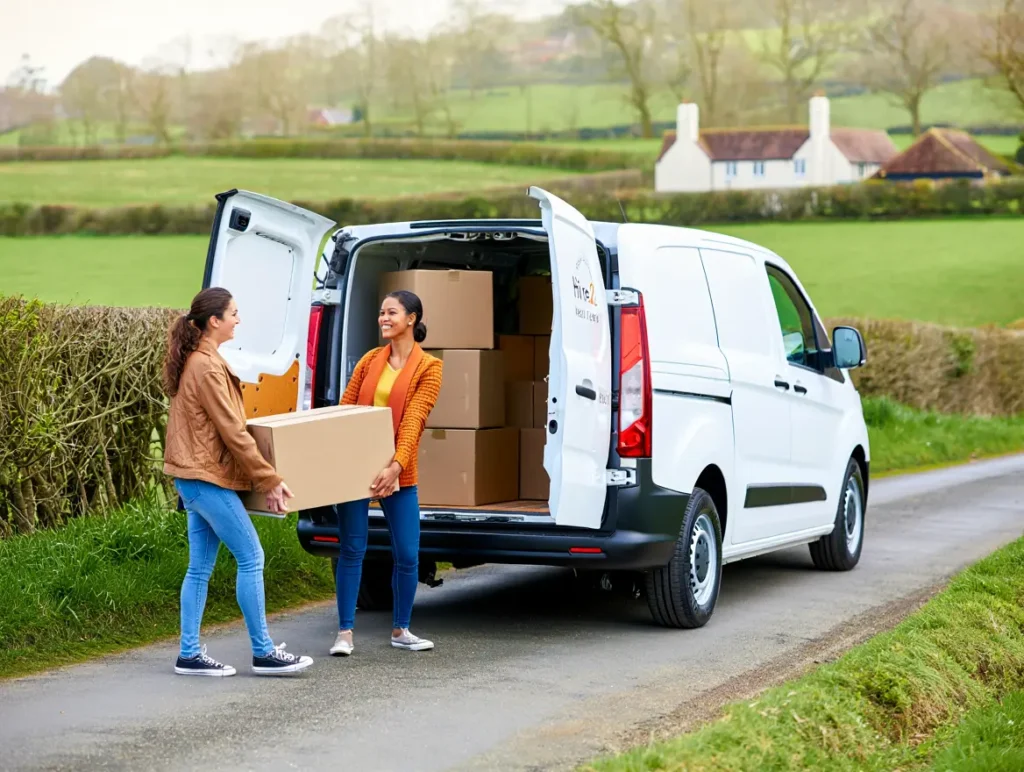 Couple loading boxes into a white Luton van on a Kent country lane, symbolising an easy countryside move with Hire2You van hire.