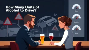 Man and woman seated at a bar discussing alcohol consumption, with a beer and a glass of wine in front of them, and a backdrop displaying a warning about driving under the influence and alcohol measurement gauges for blood, breath, and urine.