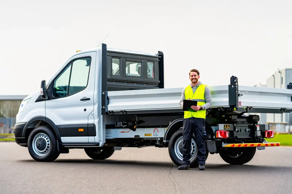 Man in high-visibility vest standing next to a long-term hire tipper truck, showcasing vehicle availability for tradespeople in Kent.