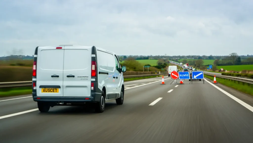White hire van driving past roadworks on a Kent motorway in March 2026 with traffic cones and light congestion.