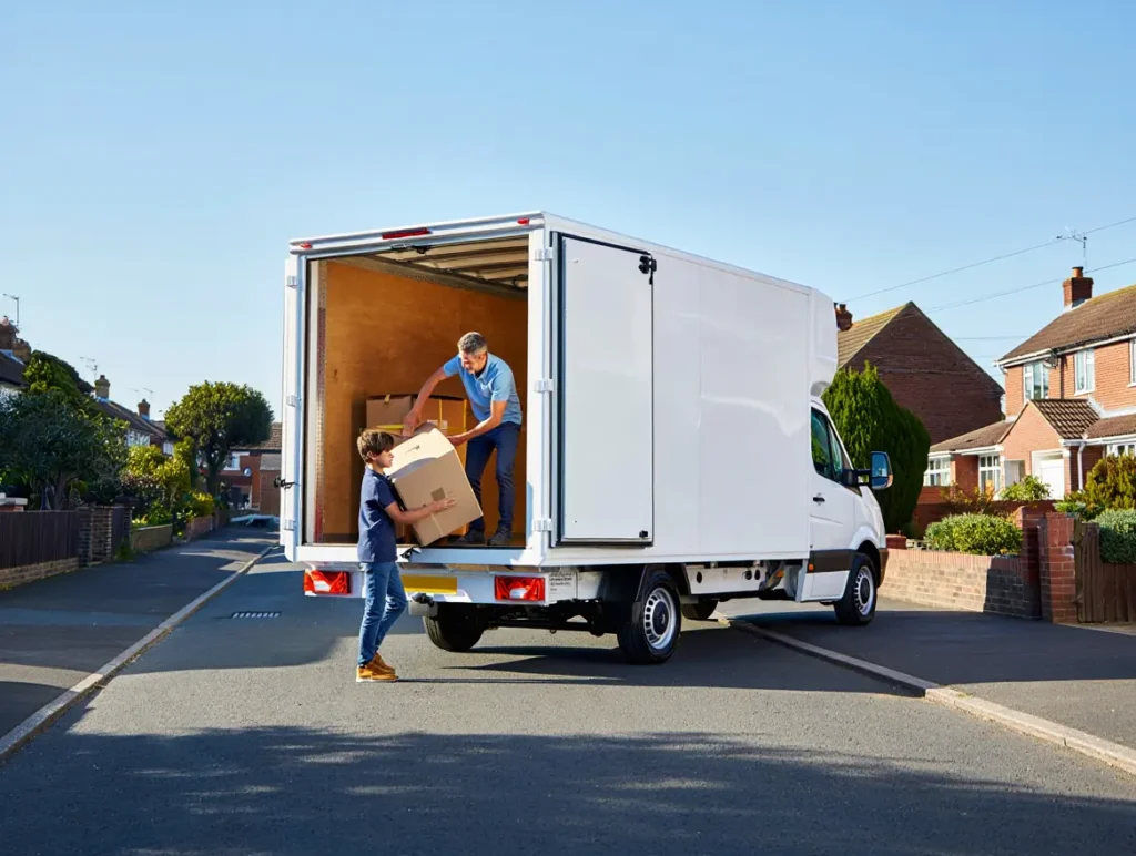 White Low Loader Luton box van being loaded with furniture on a Medway street — showing low loading height and easy access for removals.