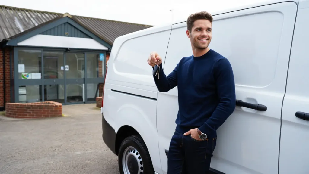 First-time van hirer standing confidently beside a hire van at a local Strood van hire depot in Kent