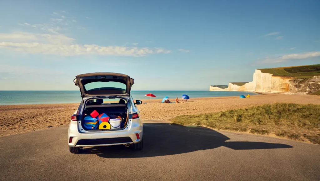 Family car parked near a sunny Kent beach with white cliffs and turquoise water — representing the best Kent beaches for a weekend getaway.