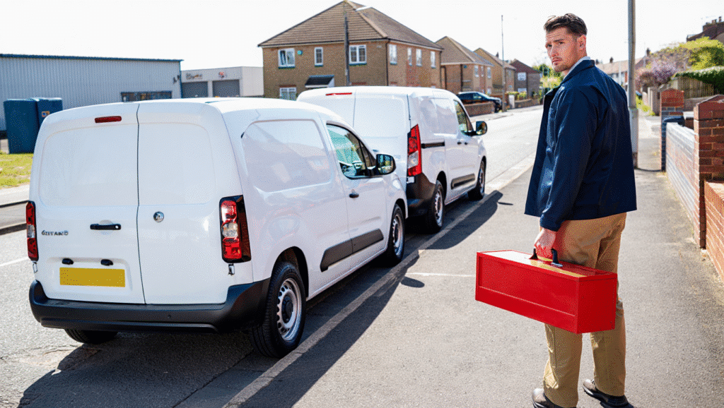 Self-employed tradesman in Maidstone standing next to a broken-down white van while a backup hire van waits nearby, showing how traders can avoid downtime with van hire.