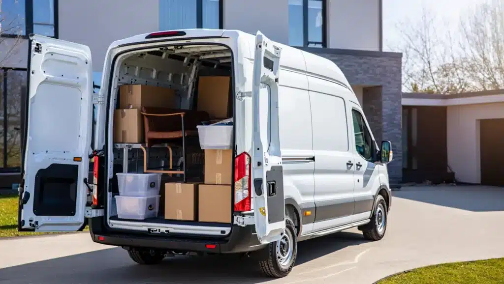 White Ford Transit Luton van parked outside a home with boxes and furniture being loaded, representing an end-of-year clear-out.
