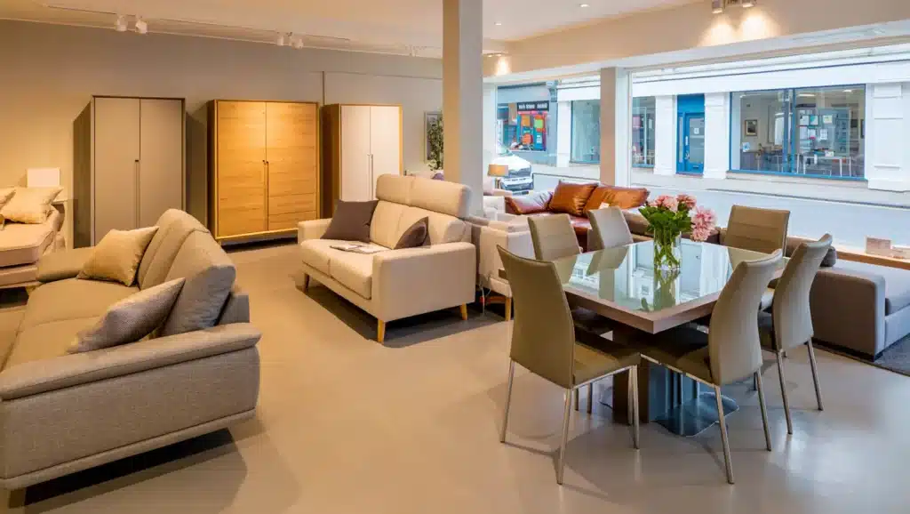 Interior of a modern furniture store in Sittingbourne with sofas and dining sets.