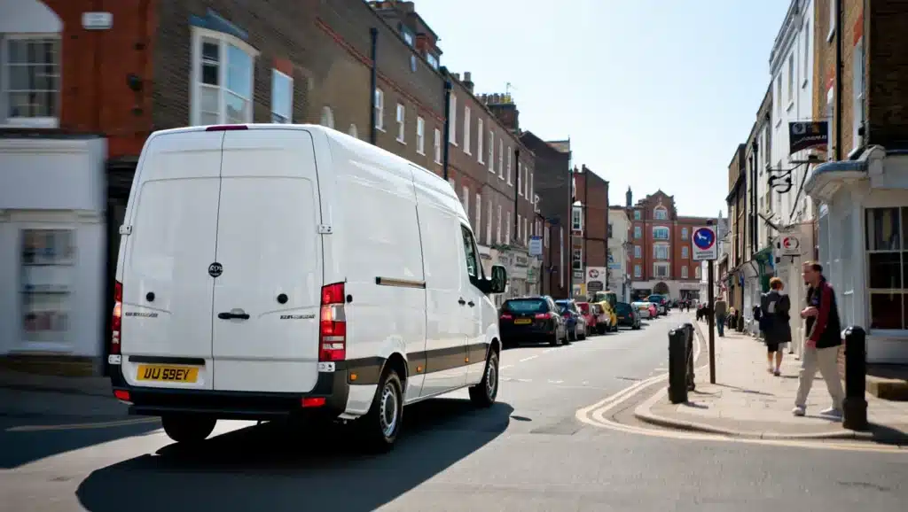 Large Luton van navigating a narrow, historic street in Sevenoaks town centre with tight buildings and road restriction signs visible.