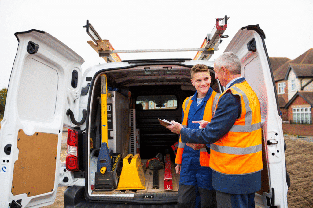 Tradesman with apprentice beside a modern hire van in Kent, symbolising business growth from sole trader to expanding team.