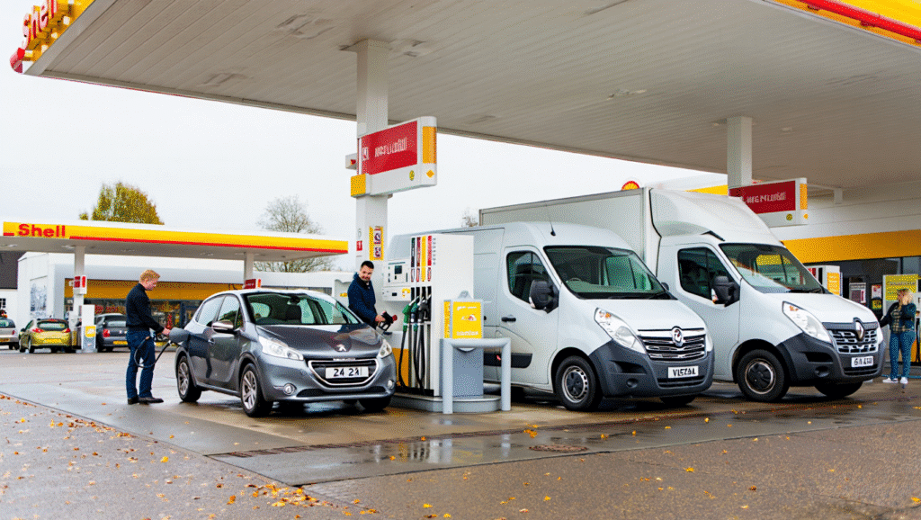 Luton, Transit and car filling up at a petrol station