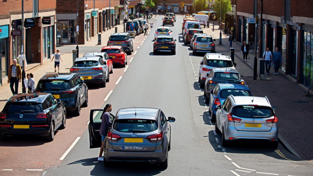 Bustling Maidstone street showcasing diverse Hire2You car rentals amidst urban activity