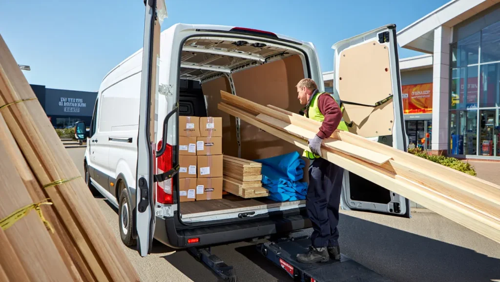 Person loading long timber boards and flat-pack furniture into a Luton hire van outside a DIY store, showing safe transport preparation.
