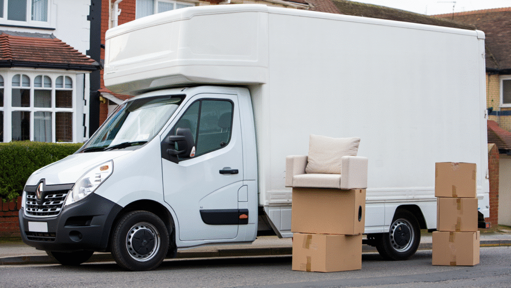 White Luton van with tail lift in Dover, loaded with moving boxes and furniture, ideal for house moves and business deliveries in Kent.