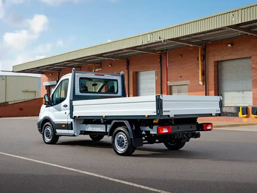 Flatbed van parked in an industrial area, showcasing spacious open bed for transporting large or awkward loads, relevant to flatbed van hire services in Medway.