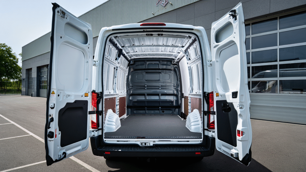 Citroën Relay Long Wheelbase van with open rear doors, showcasing spacious cargo area, ideal for transporting tools and equipment for businesses.